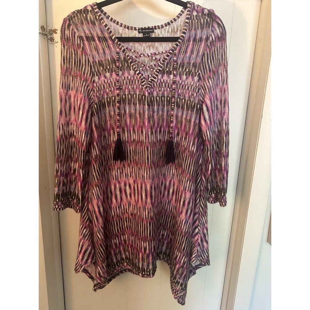 New‎ Directions Knit Tunic Large Multicolor Boho Tassel Festival Medium